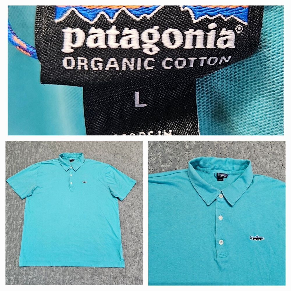 Patagonia Trout Fitz Roy Polo‎ Organic Cotton Men's Sz. L Green Fishing